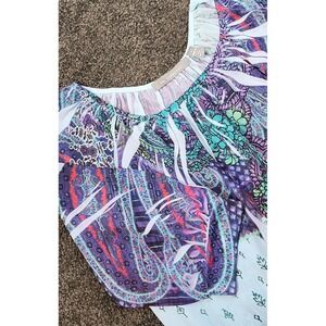 NY Collection‎ Paisley Blouse Sheer Embellished Top Purple Teal S Small